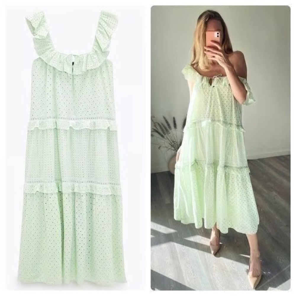 Zara Light Green Midi Dress with Ruffles